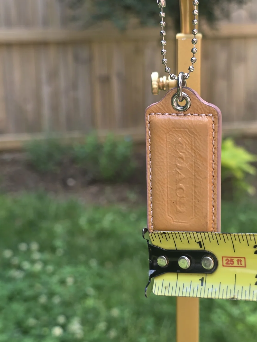 Coach Large Tan Glossy Finish Leather Hangtag with Silver Ball Chain
